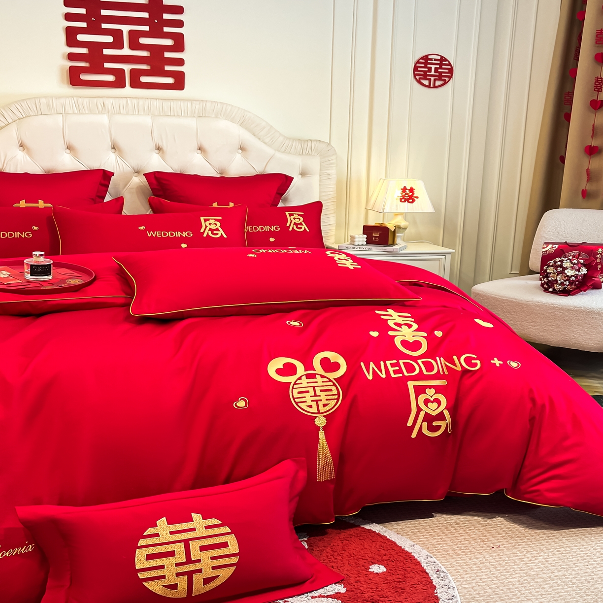 91家纺网 家纺一手货源 找家纺 欧乐蒂 2025新款亲肤棉婚庆刺绣四件套 喜愿