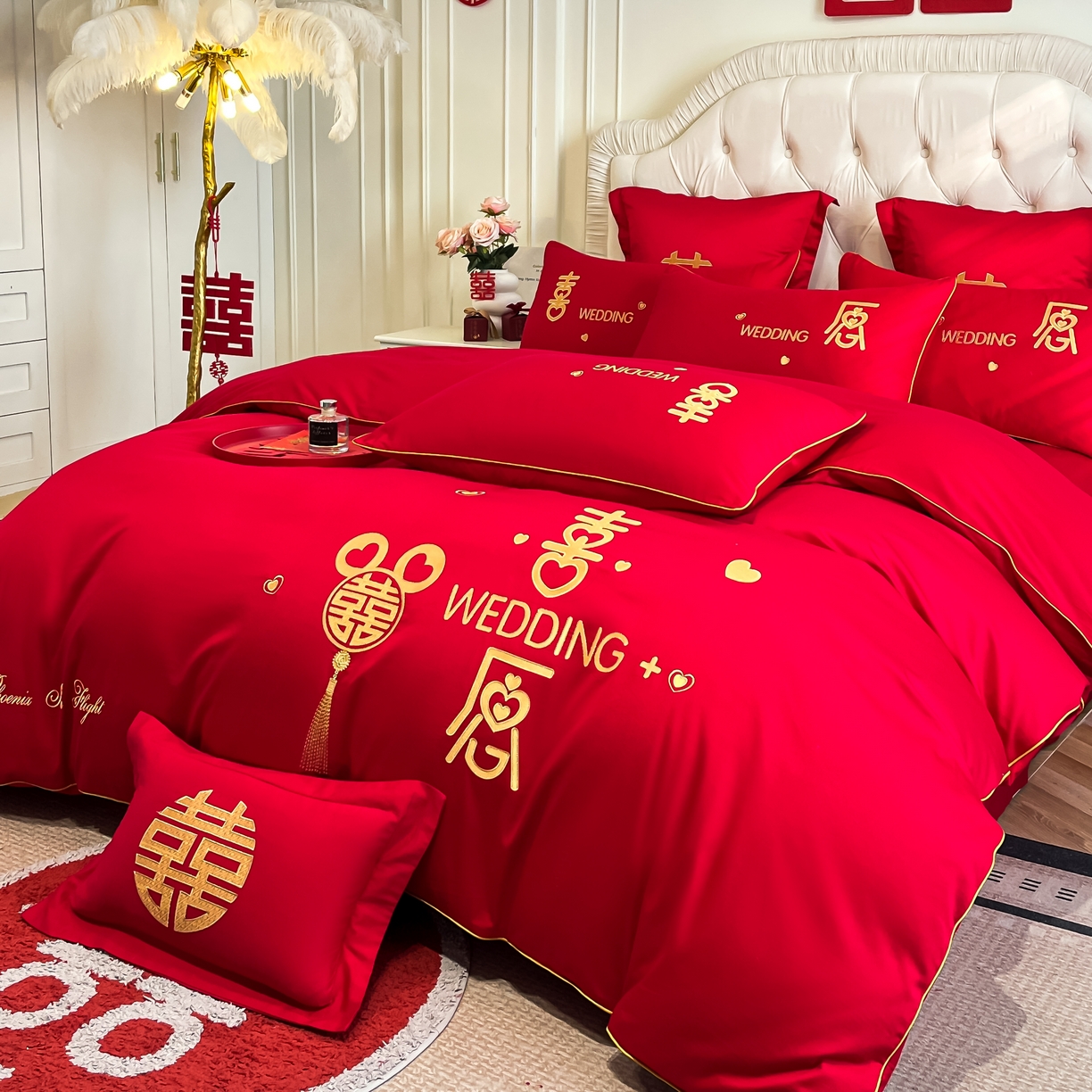 91家纺网 家纺一手货源 找家纺 欧乐蒂 2025新款亲肤棉婚庆刺绣四件套 喜愿