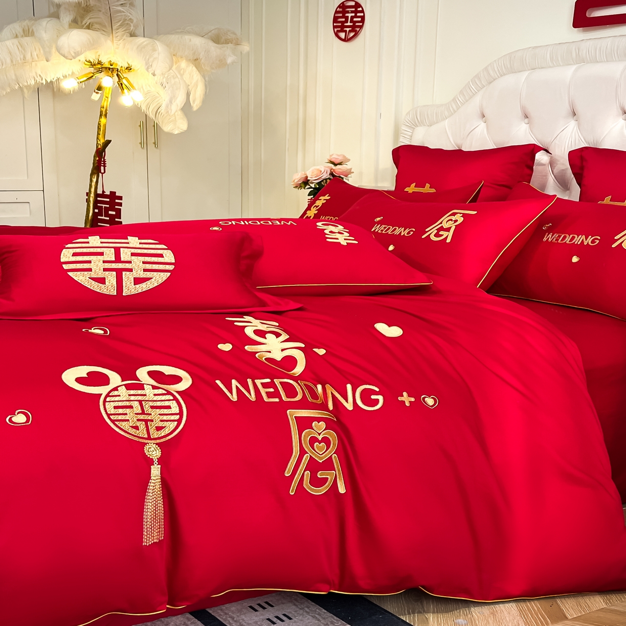 91家纺网 家纺一手货源 找家纺 欧乐蒂 2025新款亲肤棉婚庆刺绣四件套 喜愿