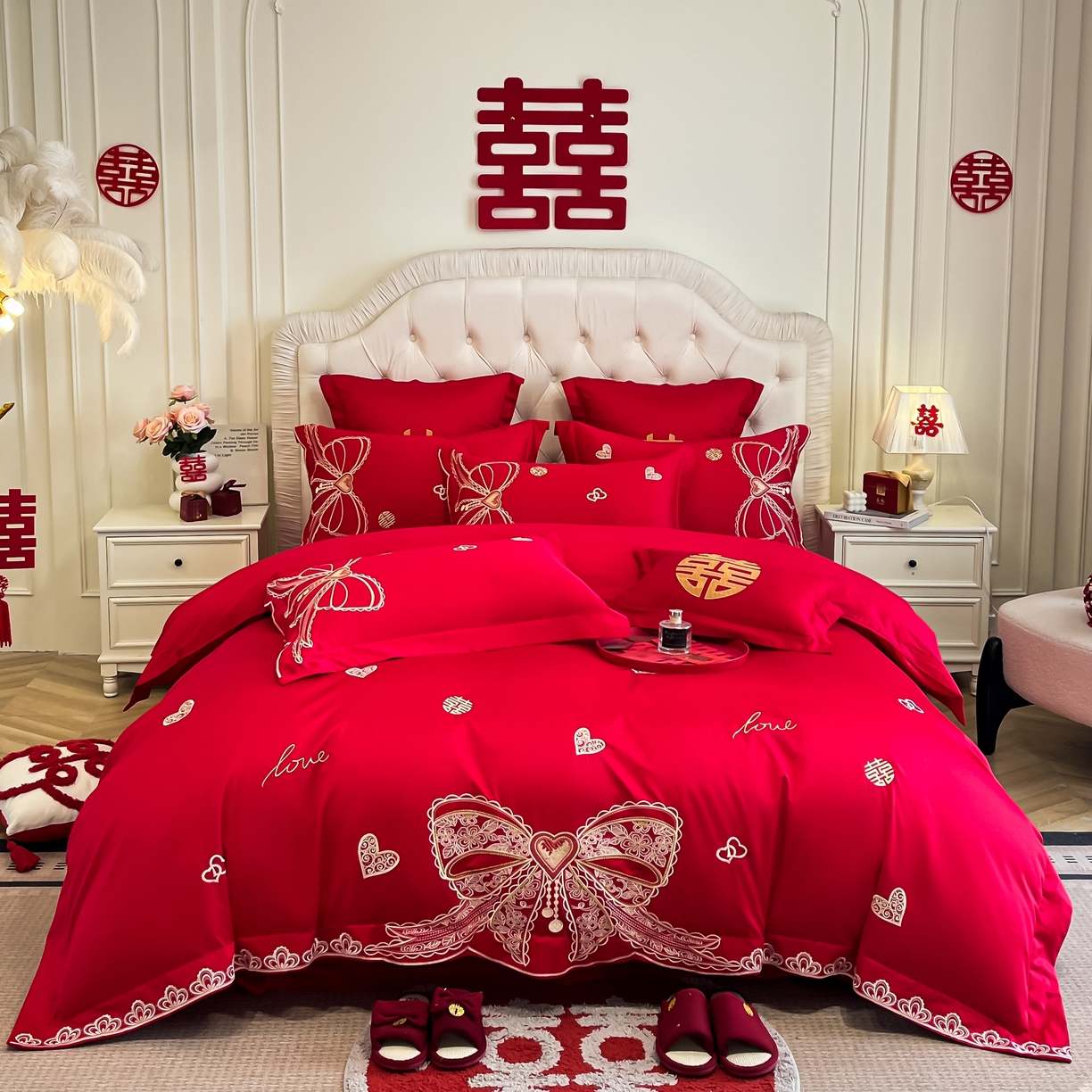 欧乐蒂 2025新款亲肤棉婚庆刺绣四件套 一见倾心