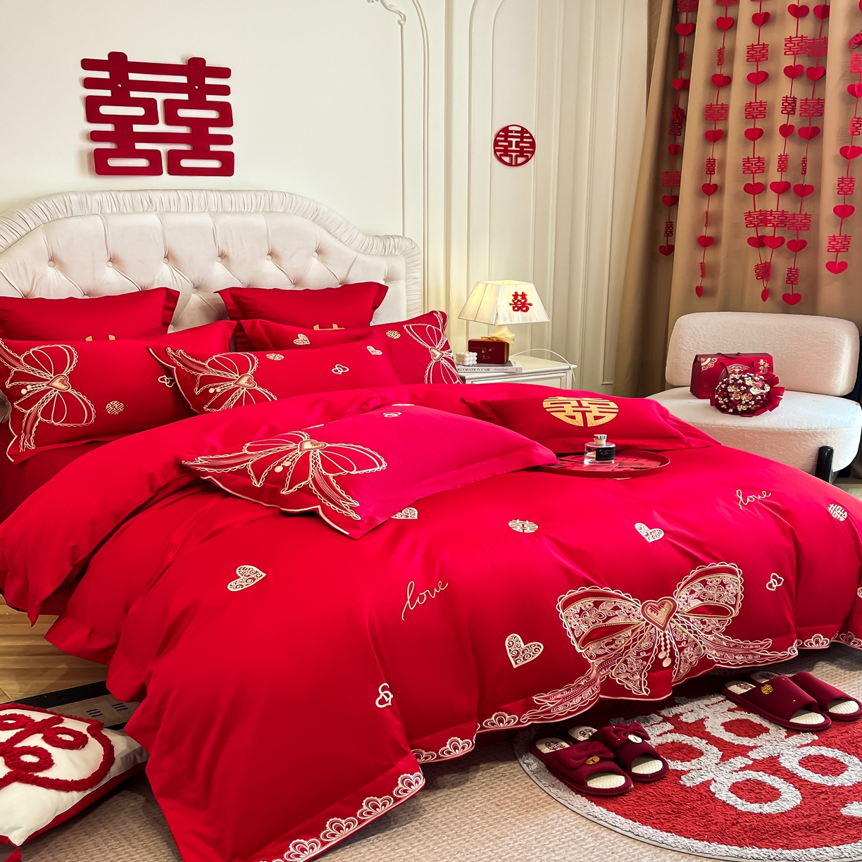 91家纺网 家纺一手货源 找家纺 欧乐蒂 2025新款亲肤棉婚庆刺绣四件套 一见倾心