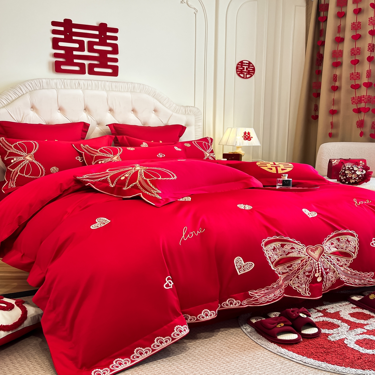 91家纺网 家纺一手货源 找家纺 欧乐蒂 2025新款亲肤棉婚庆刺绣四件套 一见倾心