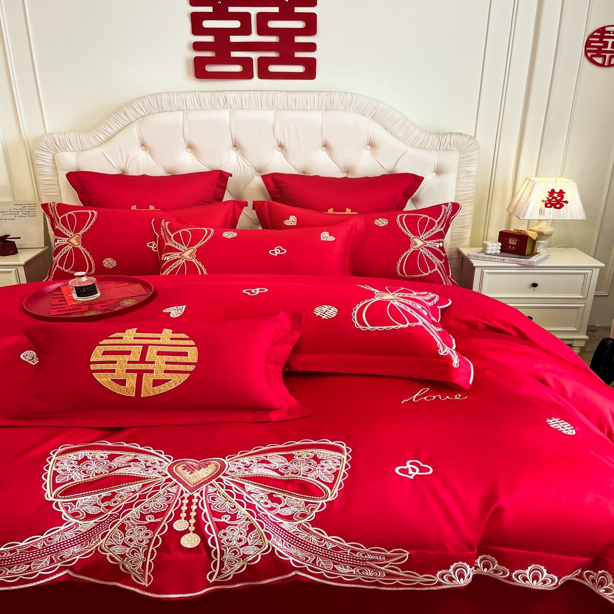 91家纺网 家纺一手货源 找家纺 欧乐蒂 2025新款亲肤棉婚庆刺绣四件套 一见倾心