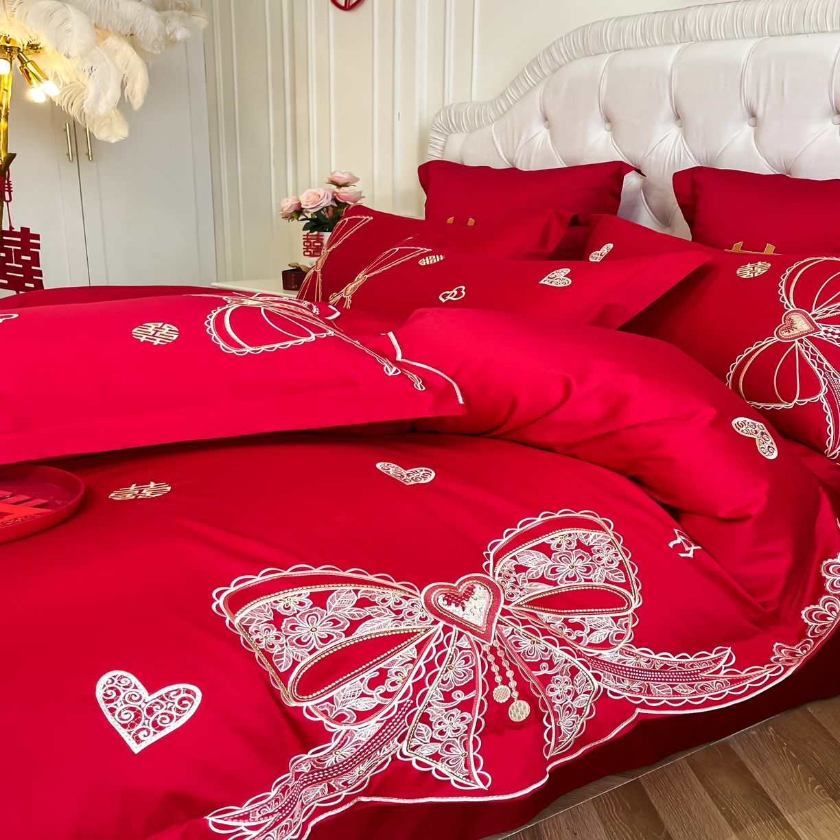 91家纺网 家纺一手货源 找家纺 欧乐蒂 2025新款亲肤棉婚庆刺绣四件套 一见倾心