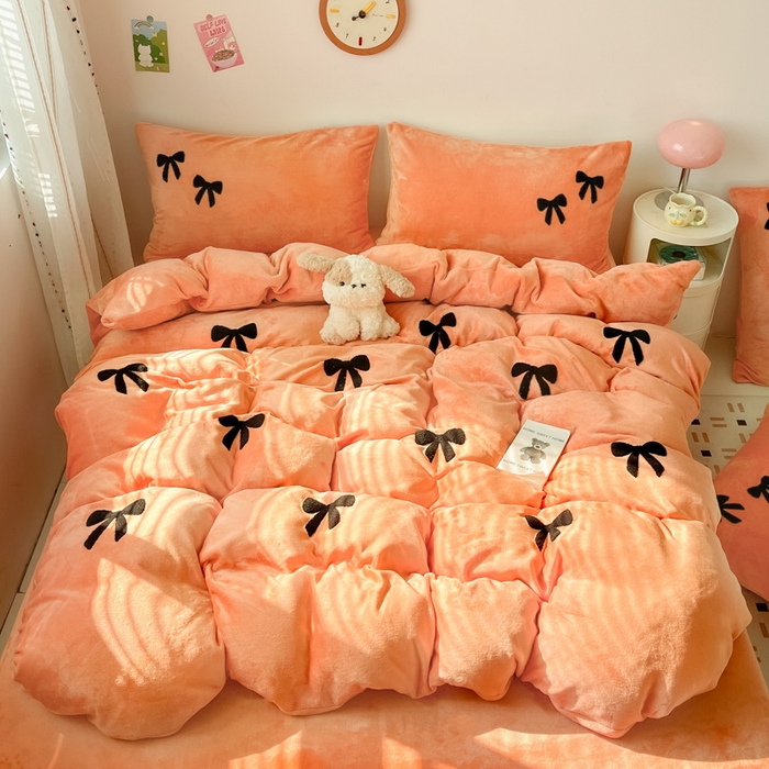 喜梦缘家纺 2025新款牛奶绒毛巾绣四件套 蝴蝶结-橘色