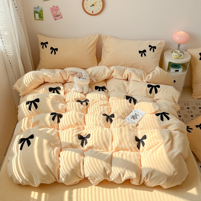 喜梦缘家纺 2025新款牛奶绒毛巾绣四件套 蝴蝶结-麦黄