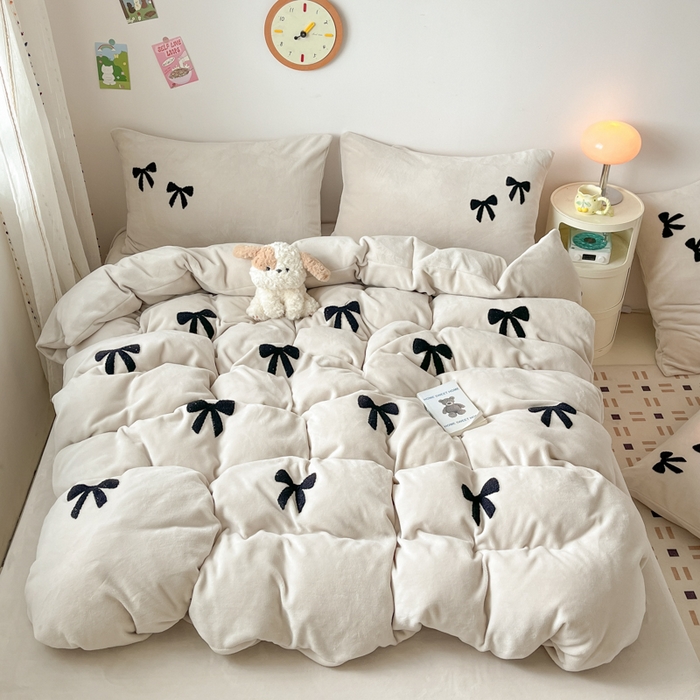 喜梦缘家纺 2025新款牛奶绒毛巾绣四件套 蝴蝶结-米杏