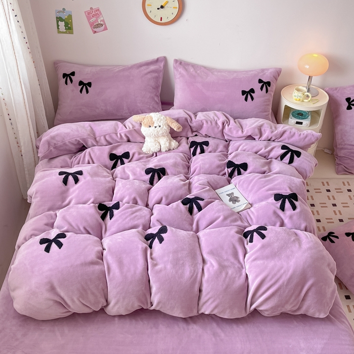 喜梦缘家纺 2025新款牛奶绒毛巾绣四件套 蝴蝶结-熏衣紫