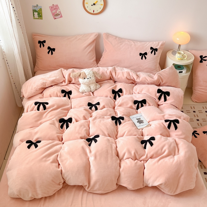 喜梦缘家纺 2025新款牛奶绒毛巾绣四件套 蝴蝶结-玉色