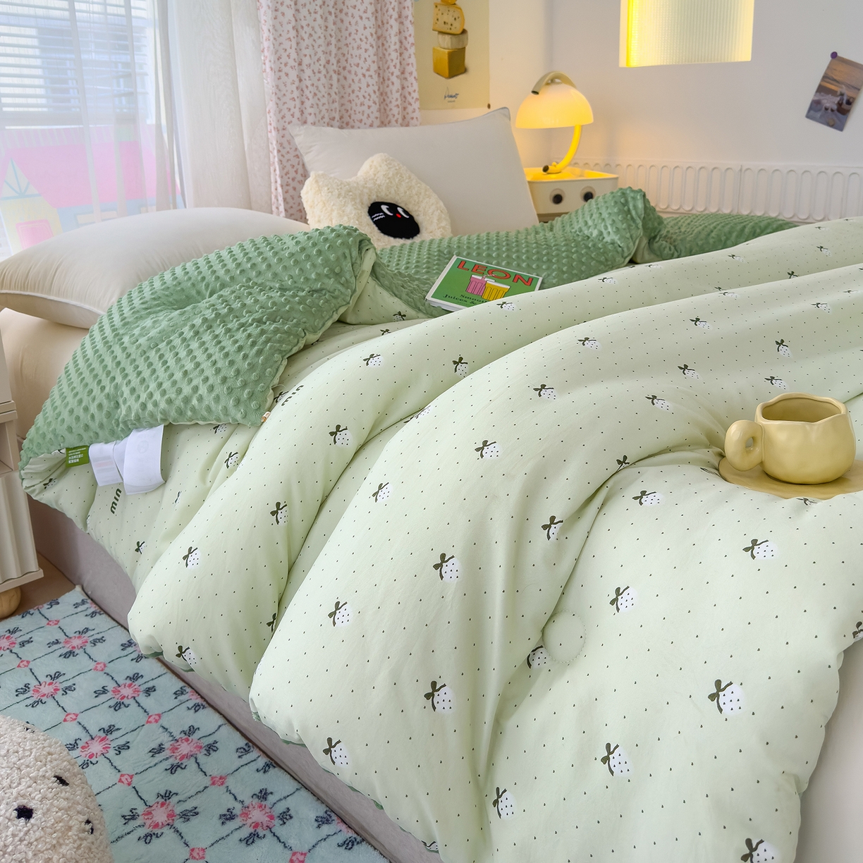 91家纺网 家纺一手货源 找家纺 爱宝被业 2025新款A类水洗棉双层纱豆豆绒被芯 幸福草莓