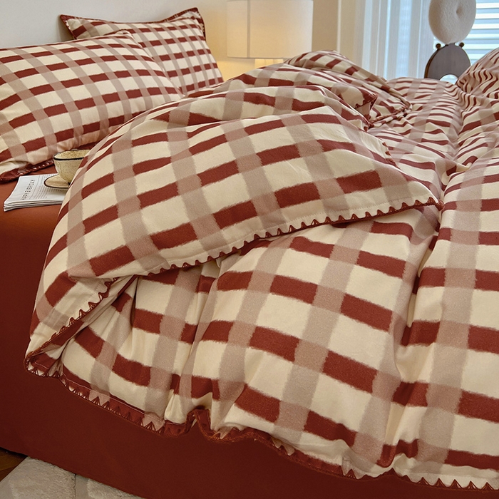 91家纺网 家纺一手货源 找家纺 品乐家纺 2025秋冬全棉加厚磨毛贝壳边四件套 格言-红