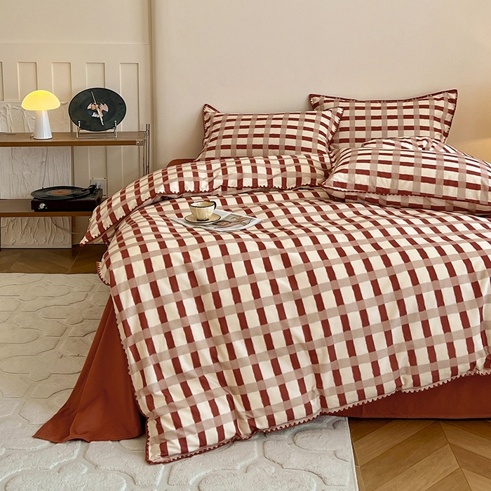 91家纺网 家纺一手货源 找家纺 品乐家纺 2025秋冬全棉加厚磨毛贝壳边四件套 格言-红