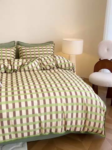 91家纺网 家纺一手货源 找家纺 品乐家纺 2025秋冬全棉加厚磨毛贝壳边四件套 格言-绿