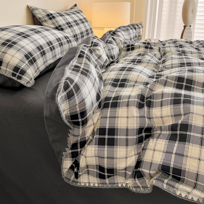 91家纺网 家纺一手货源 找家纺 品乐家纺 2025秋冬全棉加厚磨毛贝壳边四件套 格韵-黑