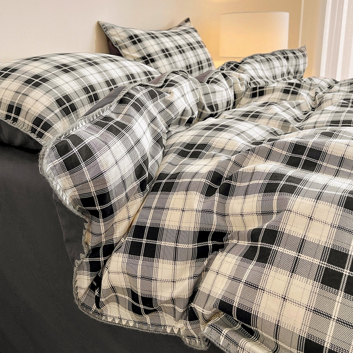 91家纺网 家纺一手货源 找家纺 品乐家纺 2025秋冬全棉加厚磨毛贝壳边四件套 格韵-黑