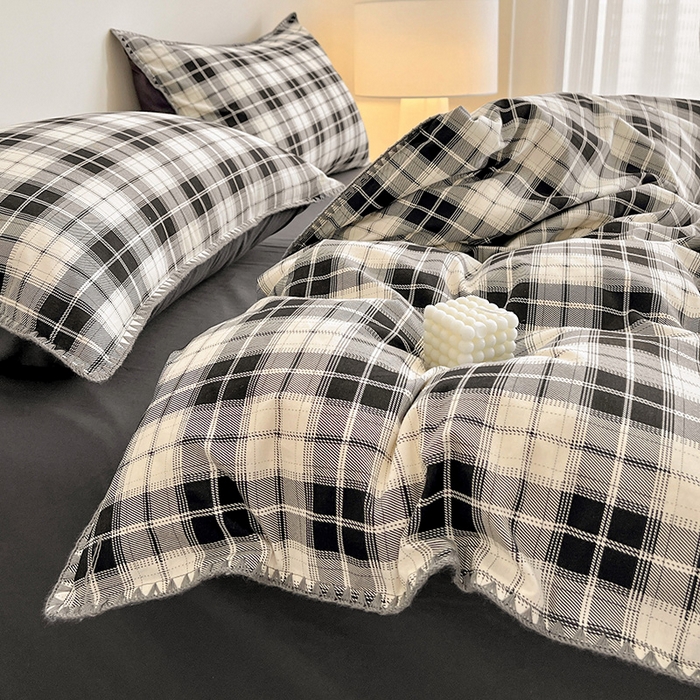 91家纺网 家纺一手货源 找家纺 品乐家纺 2025秋冬全棉加厚磨毛贝壳边四件套 格韵-黑