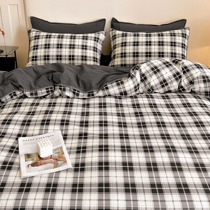 91家纺网 家纺一手货源 找家纺 品乐家纺 2025秋冬全棉加厚磨毛贝壳边四件套 格韵-黑