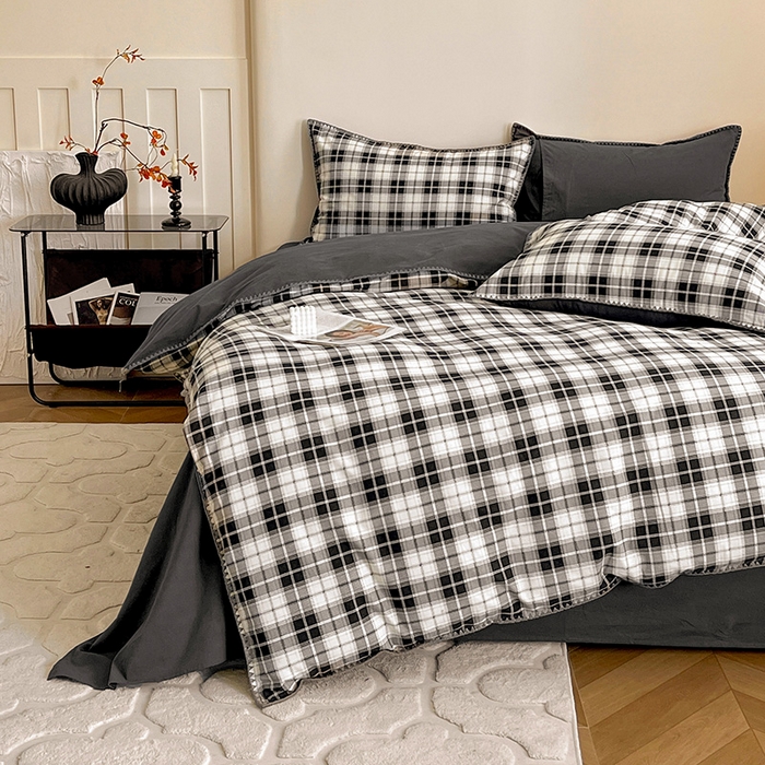 91家纺网 家纺一手货源 找家纺 品乐家纺 2025秋冬全棉加厚磨毛贝壳边四件套 格韵-黑