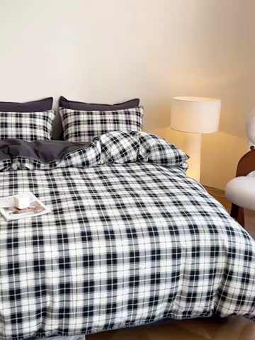 91家纺网 家纺一手货源 找家纺 品乐家纺 2025秋冬全棉加厚磨毛贝壳边四件套 格韵-黑