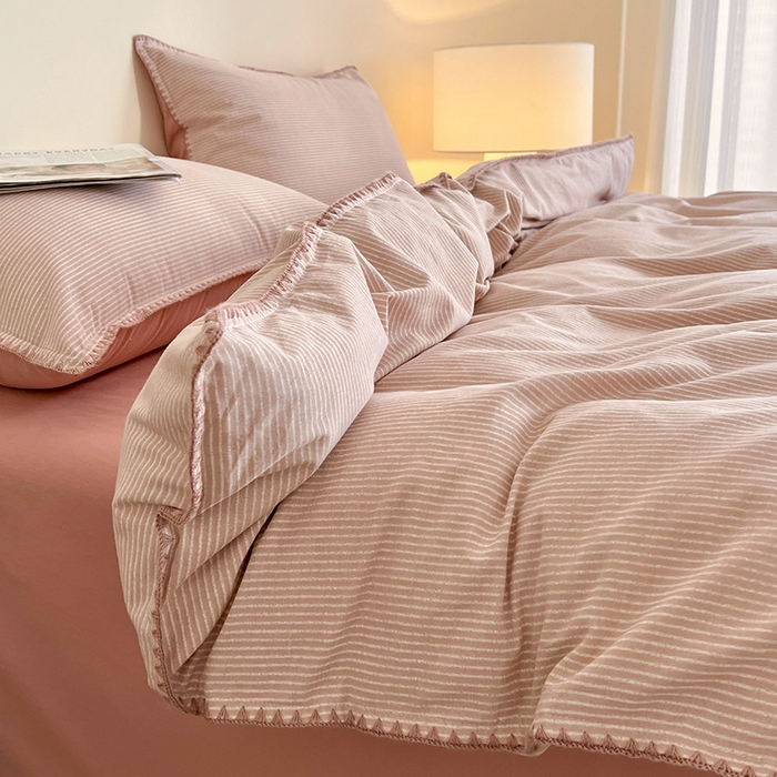 91家纺网 家纺一手货源 找家纺 品乐家纺 2025秋冬全棉加厚磨毛贝壳边四件套 简森-粉