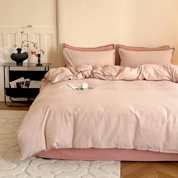 91家纺网 家纺一手货源 找家纺 品乐家纺 2025秋冬全棉加厚磨毛贝壳边四件套 简森-粉