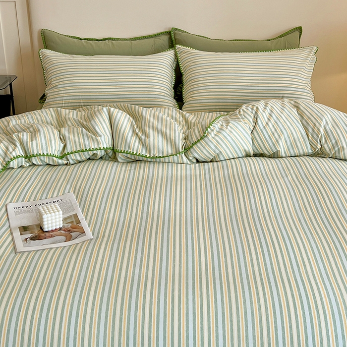 91家纺网 家纺一手货源 找家纺 品乐家纺 2025秋冬全棉加厚磨毛贝壳边四件套 夏末-绿