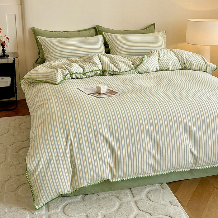 91家纺网 家纺一手货源 找家纺 品乐家纺 2025秋冬全棉加厚磨毛贝壳边四件套 夏末-绿