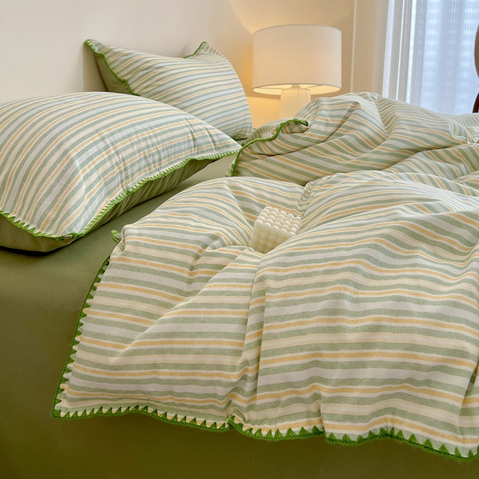 91家纺网 家纺一手货源 找家纺 品乐家纺 2025秋冬全棉加厚磨毛贝壳边四件套 夏末-绿