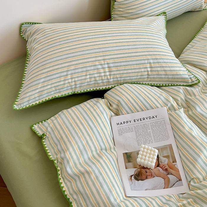 91家纺网 家纺一手货源 找家纺 品乐家纺 2025秋冬全棉加厚磨毛贝壳边四件套 夏末-绿