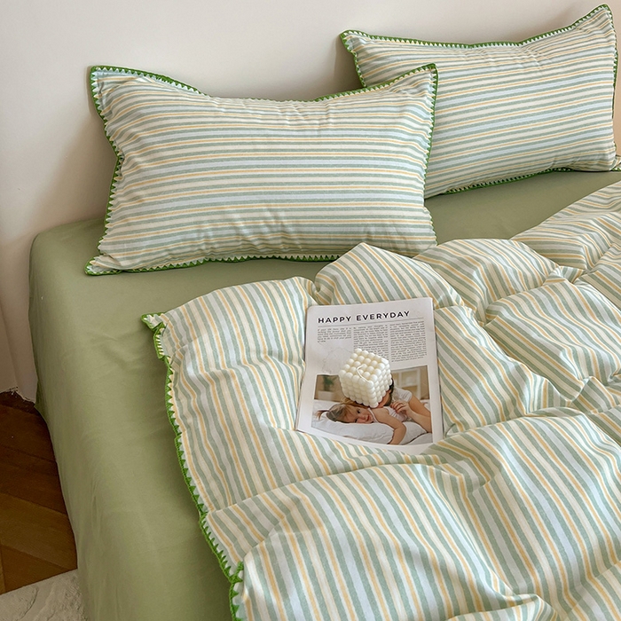 91家纺网 家纺一手货源 找家纺 品乐家纺 2025秋冬全棉加厚磨毛贝壳边四件套 夏末-绿