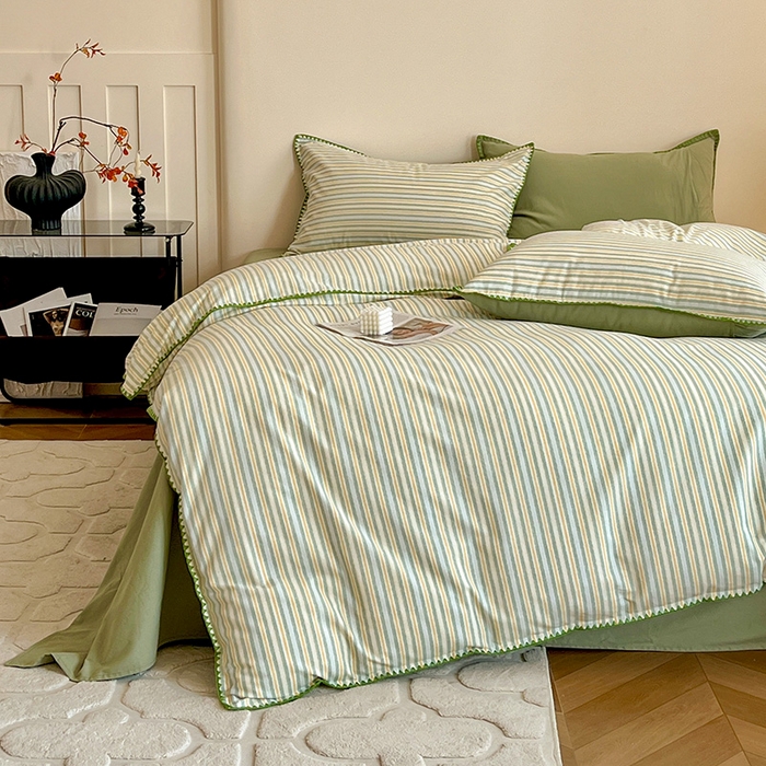 91家纺网 家纺一手货源 找家纺 品乐家纺 2025秋冬全棉加厚磨毛贝壳边四件套 夏末-绿