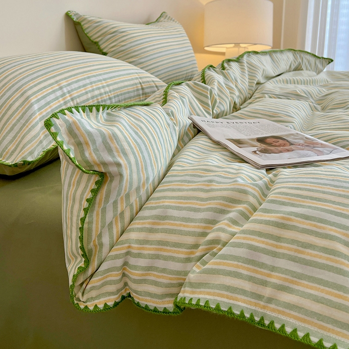 91家纺网 家纺一手货源 找家纺 品乐家纺 2025秋冬全棉加厚磨毛贝壳边四件套 夏末-绿