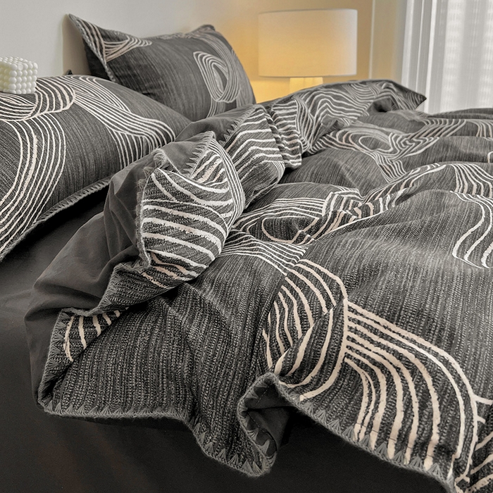 91家纺网 家纺一手货源 找家纺 品乐家纺 2025秋冬全棉加厚磨毛贝壳边四件套 野渡-灰