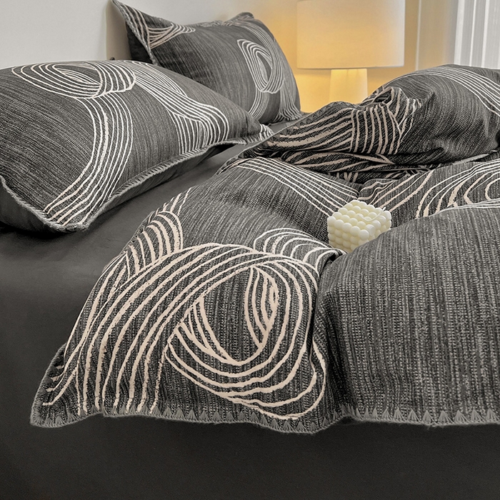 91家纺网 家纺一手货源 找家纺 品乐家纺 2025秋冬全棉加厚磨毛贝壳边四件套 野渡-灰