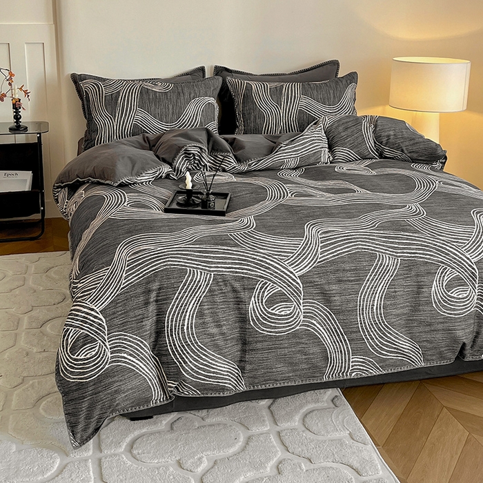 91家纺网 家纺一手货源 找家纺 品乐家纺 2025秋冬全棉加厚磨毛贝壳边四件套 野渡-灰