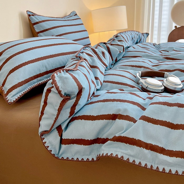 91家纺网 家纺一手货源 找家纺 品乐家纺 2025秋冬全棉加厚磨毛贝壳边四件套 知简-蓝