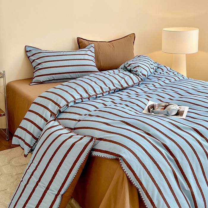 91家纺网 家纺一手货源 找家纺 品乐家纺 2025秋冬全棉加厚磨毛贝壳边四件套 知简-蓝