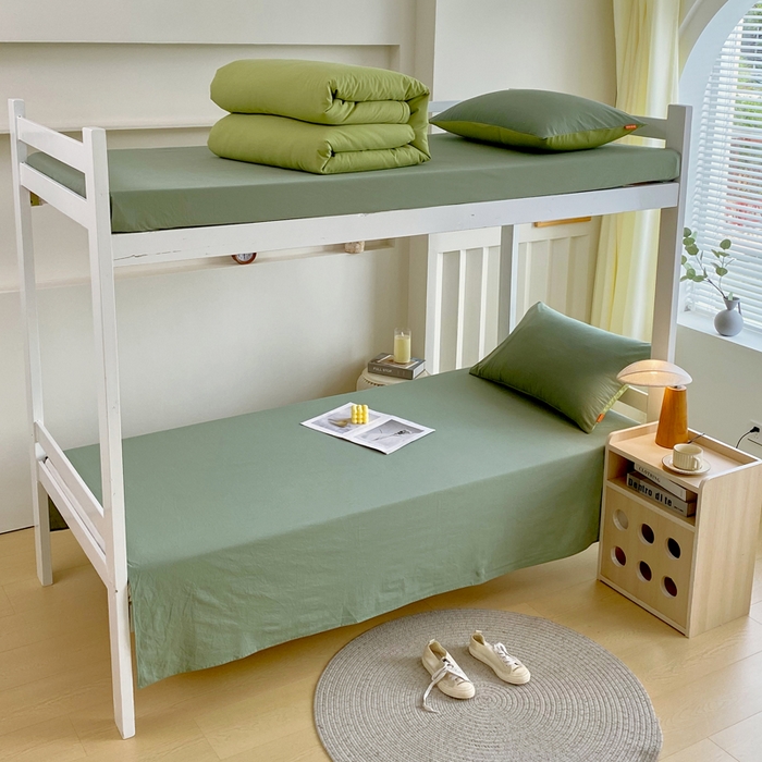 91家纺网 家纺一手货源 找家纺 春皖家纺 2025新款学生季A类双拼水洗棉小清新单品系列床单单件-单床单 素雅军绿