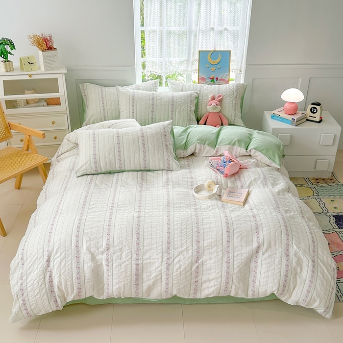 91家纺网 家纺一手货源 找家纺 千朵 2025新款全棉纯棉色织提花水洗棉四件套 紫芙