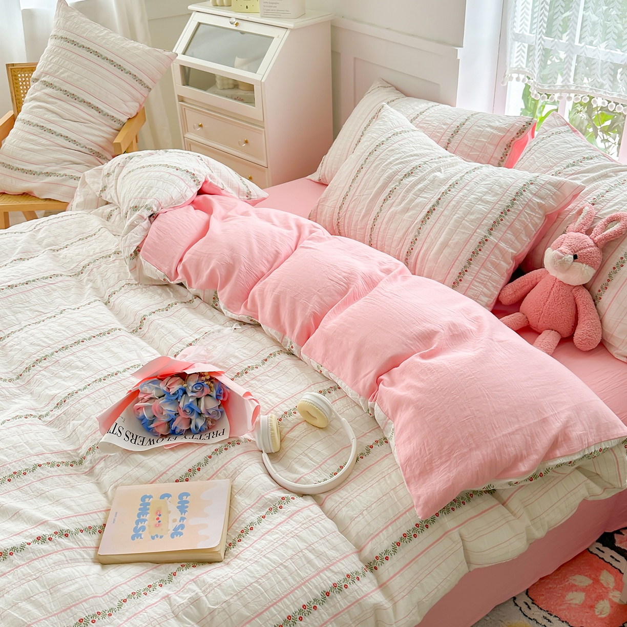 91家纺网 家纺一手货源 找家纺 千朵 2025新款全棉纯棉色织提花水洗棉四件套 景天