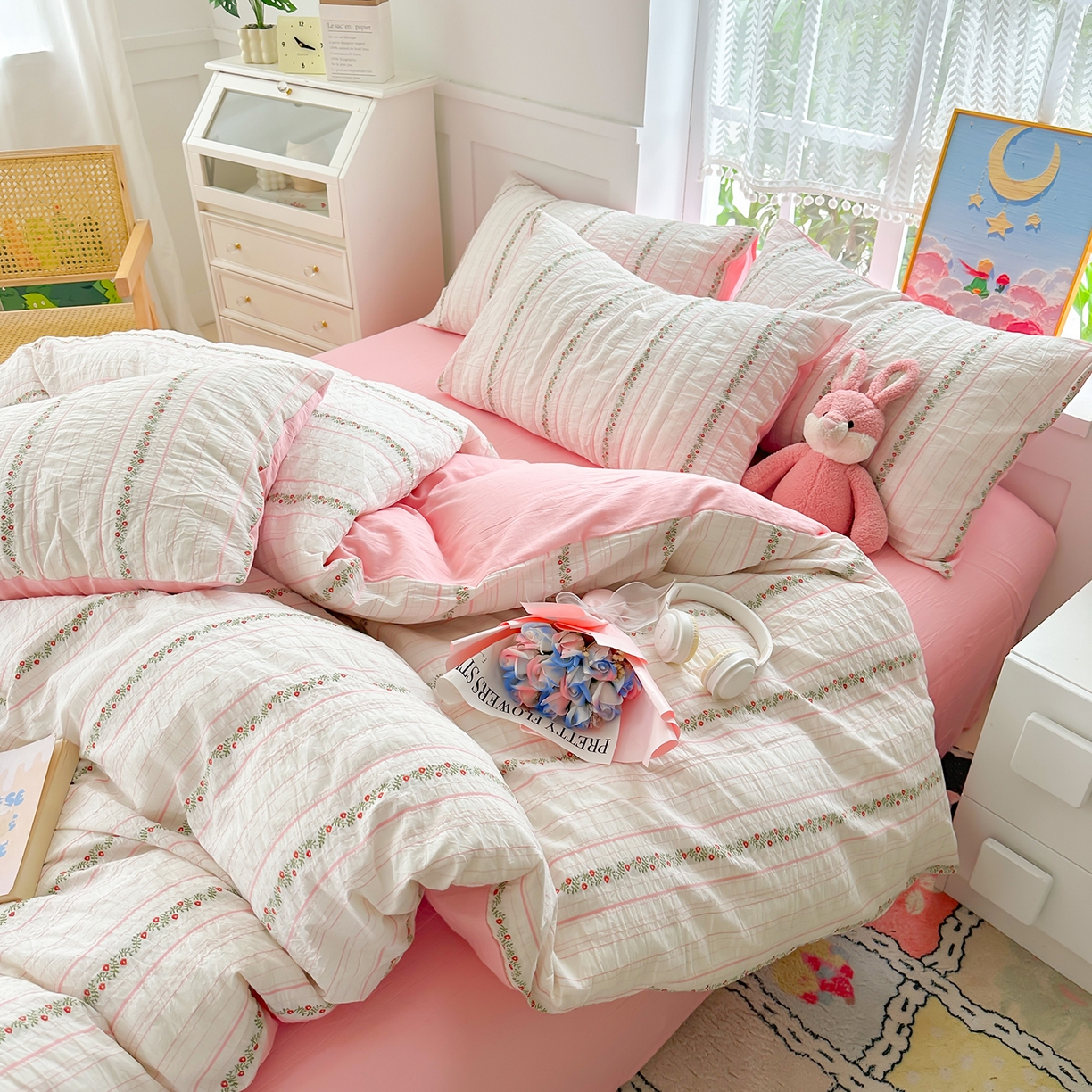 91家纺网 家纺一手货源 找家纺 千朵 2025新款全棉纯棉色织提花水洗棉四件套 景天