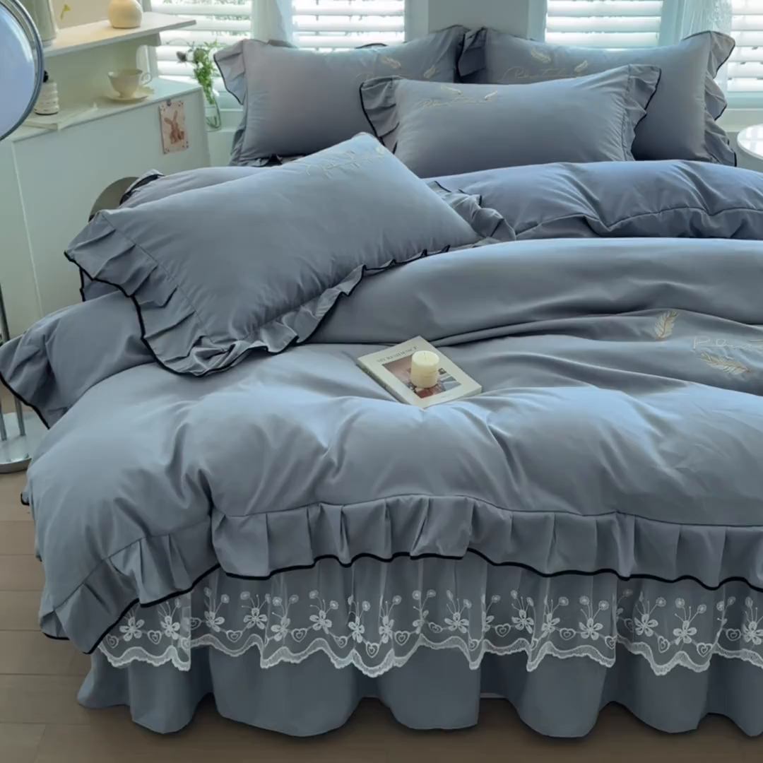 91家纺网 家纺一手货源 找家纺 （总）柔享家（原芷澜家纺） 2025新款法式纯色水洗棉刺绣绣花磨毛床笠三件套汇总（有同款四件套）