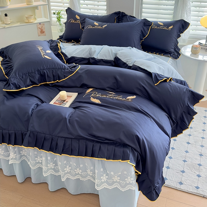 91家纺网 家纺一手货源 找家纺 （总）柔享家 2025新款法式花边蕾丝床裙床笠床单水洗棉磨毛四件套-恩格斯