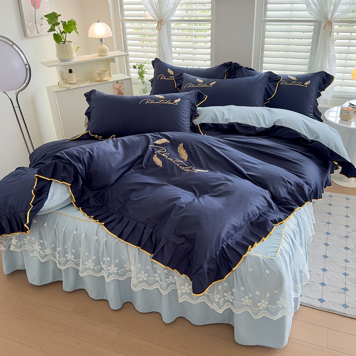 91家纺网 家纺一手货源 找家纺 （总）柔享家 2025新款法式花边蕾丝床裙床笠床单水洗棉磨毛四件套-恩格斯