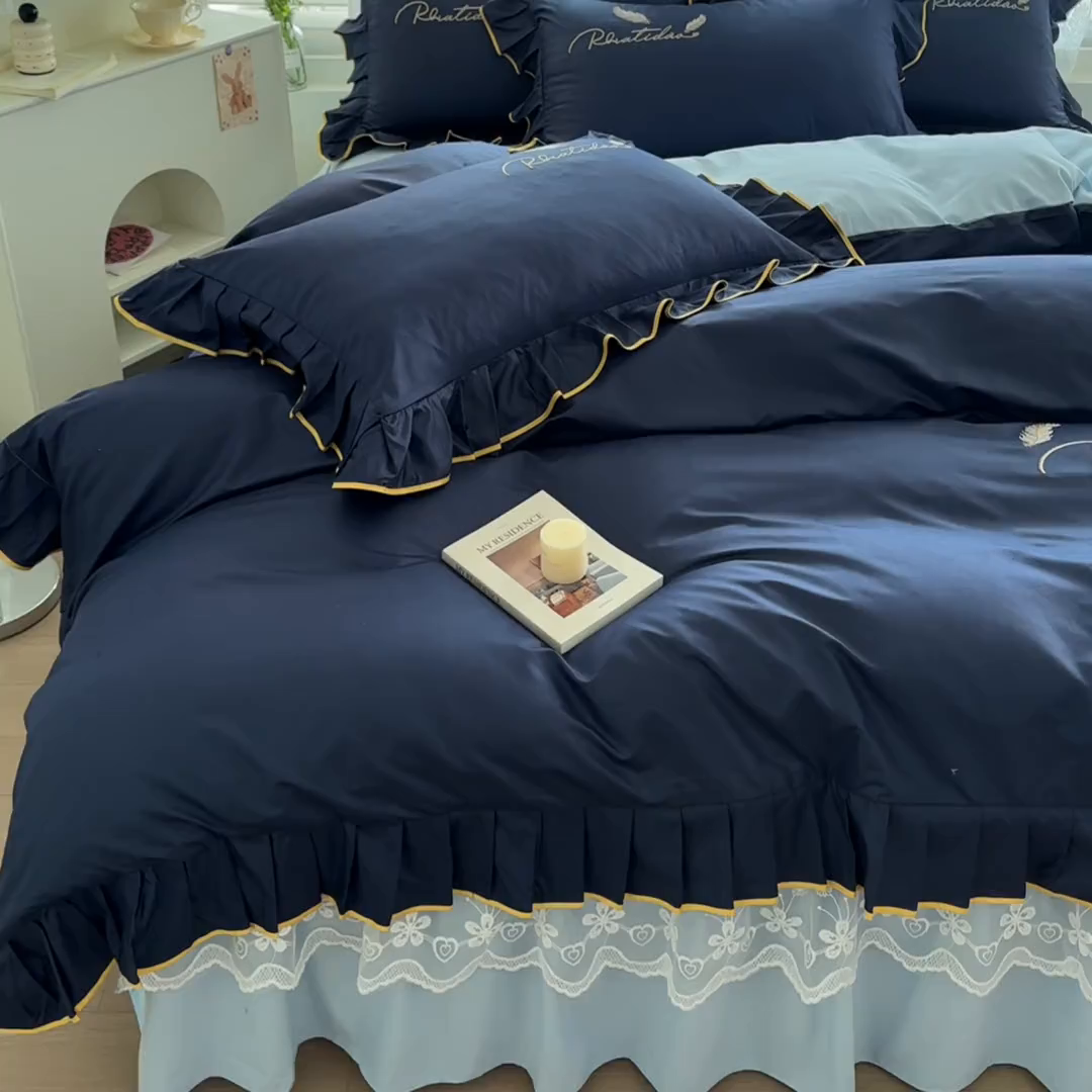 91家纺网 家纺一手货源 找家纺 （总）柔享家 2025新款法式花边蕾丝床裙床笠床单水洗棉磨毛四件套-恩格斯