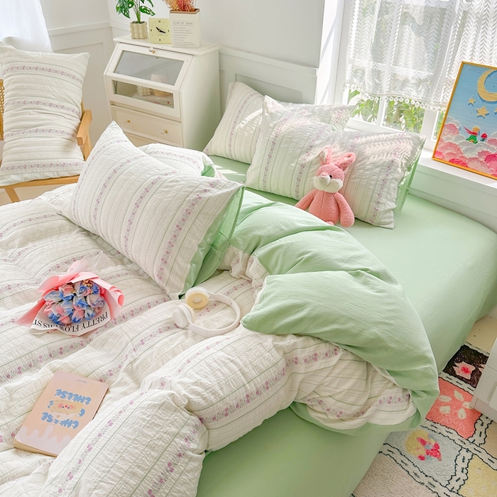 91家纺网 家纺一手货源 找家纺 千朵 2025新款全棉纯棉色织提花水洗棉四件套 紫芙