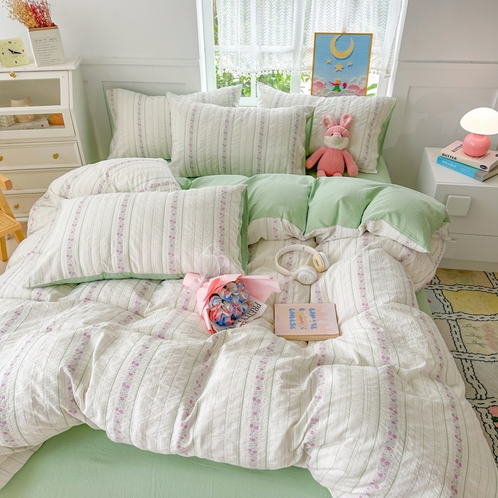 91家纺网 家纺一手货源 找家纺 千朵 2025新款全棉纯棉色织提花水洗棉四件套 紫芙