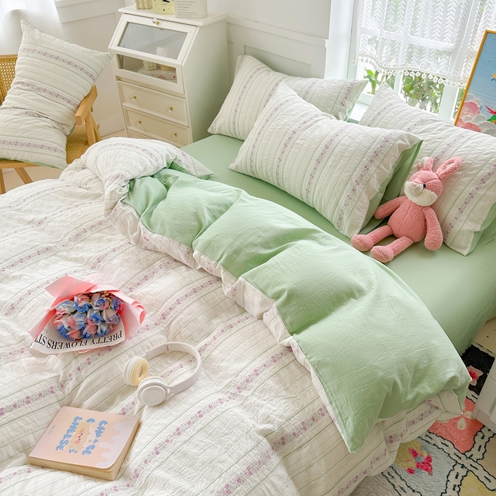 91家纺网 家纺一手货源 找家纺 千朵 2025新款全棉纯棉色织提花水洗棉四件套 紫芙