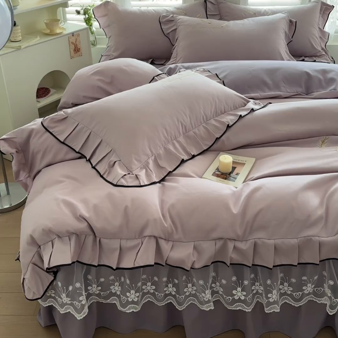 91家纺网 家纺一手货源 找家纺 （总）柔享家 2025新款法式双层花边蕾丝花边床裙-恩格斯（有同款四件套）