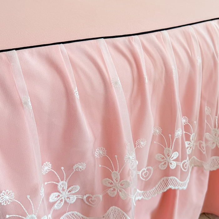 91家纺网 家纺一手货源 找家纺 柔享家 2025新款法式双层花边蕾丝花边床裙-恩格斯（有同款四件套） 粉玉+米黄